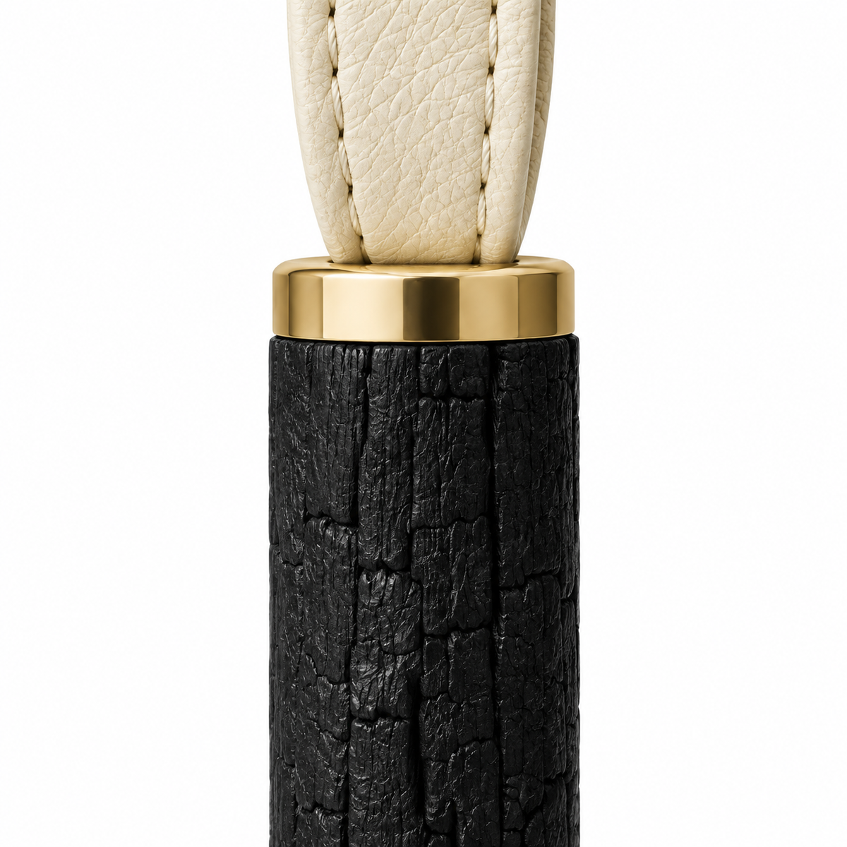 Charcoal keychain featuring durable materials and leather strap.