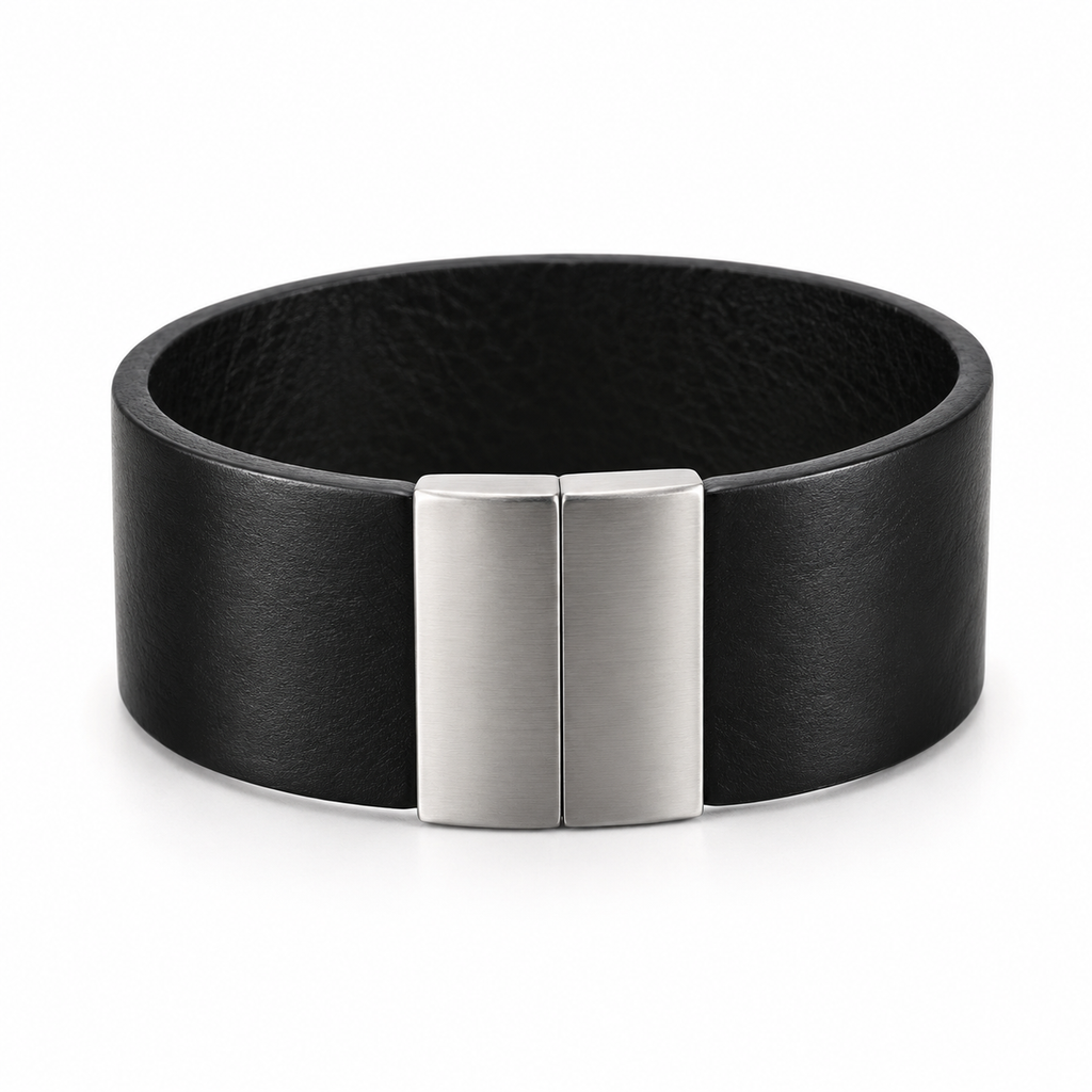 Black leather bracelet with stainless steel clasp.