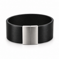Black leather bracelet with stainless steel clasp.