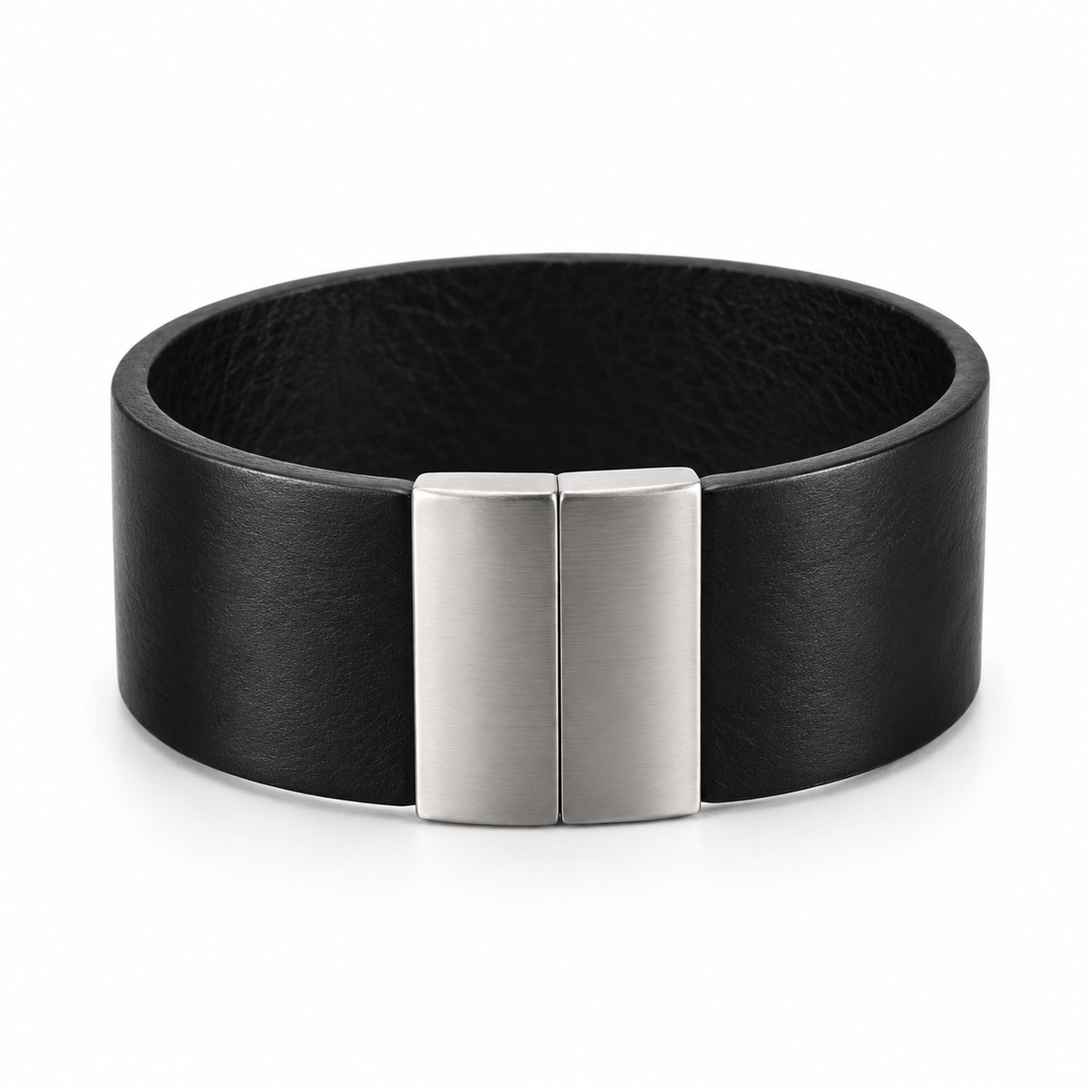 Black leather bracelet with stainless steel clasp.
