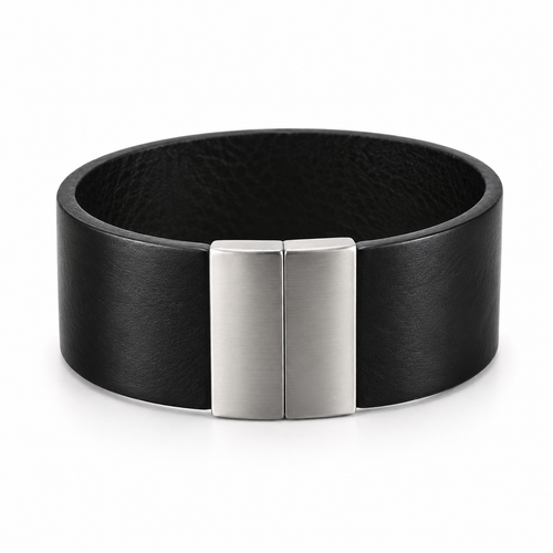 Black leather bracelet with stainless steel clasp.