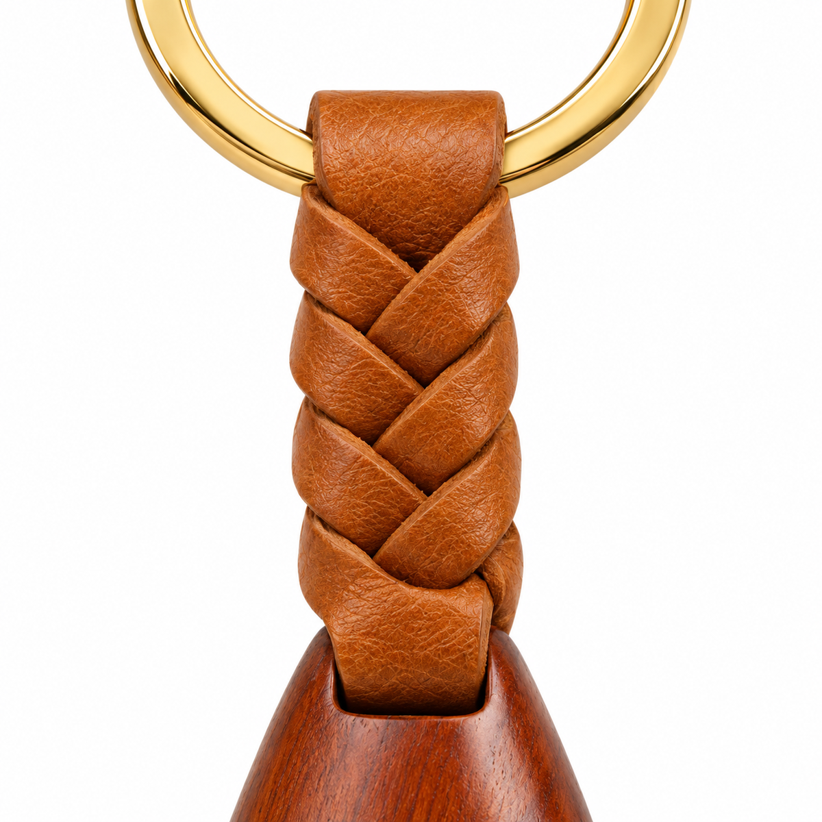 Side view of wooden keychain with leather strap.