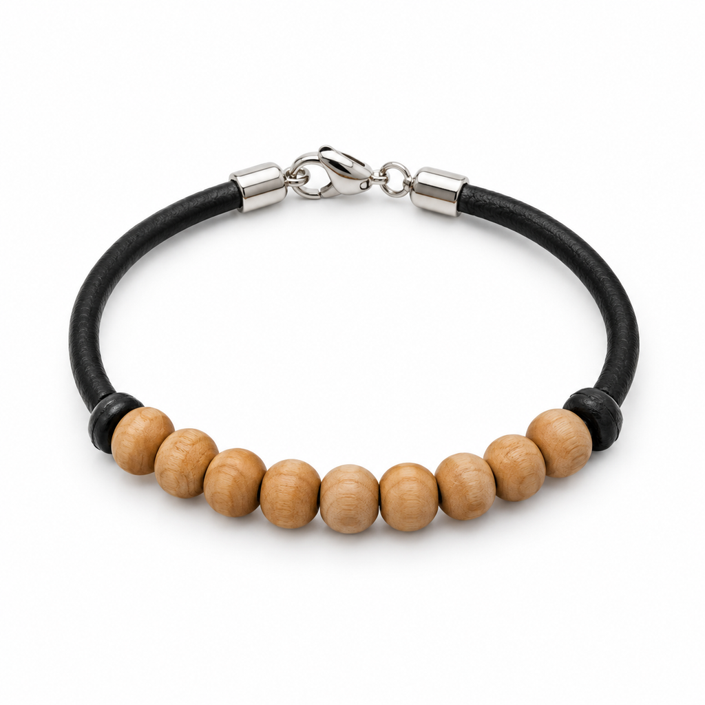 Leather bracelet with wooden beads and metal clasp.