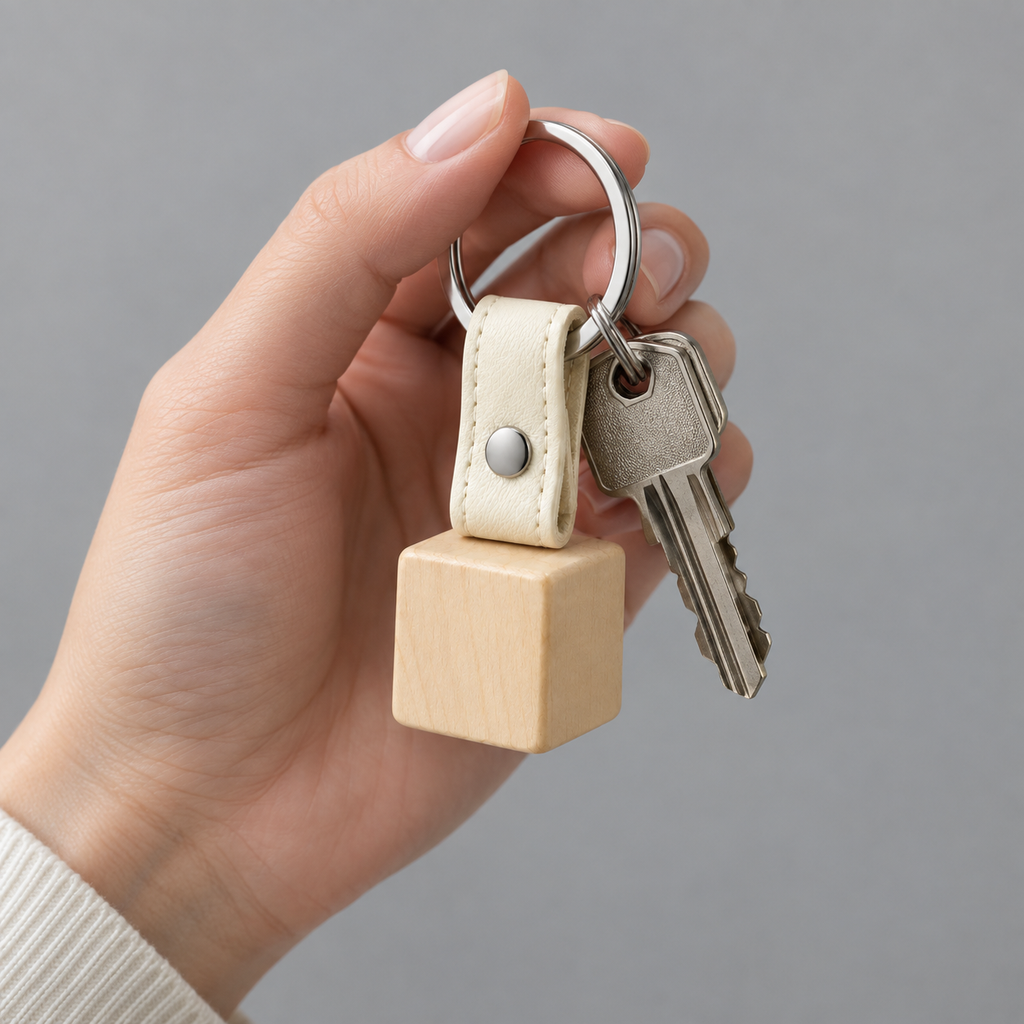 Side view of the keychain showing the wooden cube and leather strap.