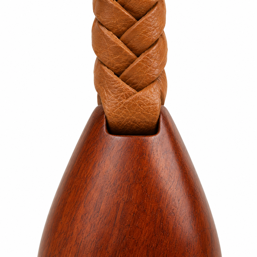 Top view of keychain showing wood and leather details.