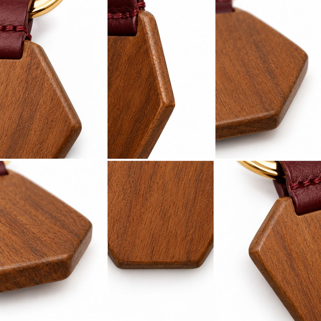Top view of hexagonal wooden keychain.