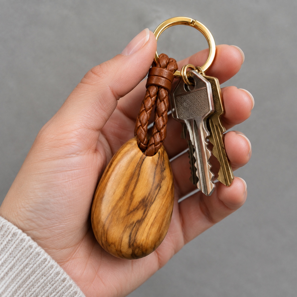 Close-up of wooden keychain with natural grain.