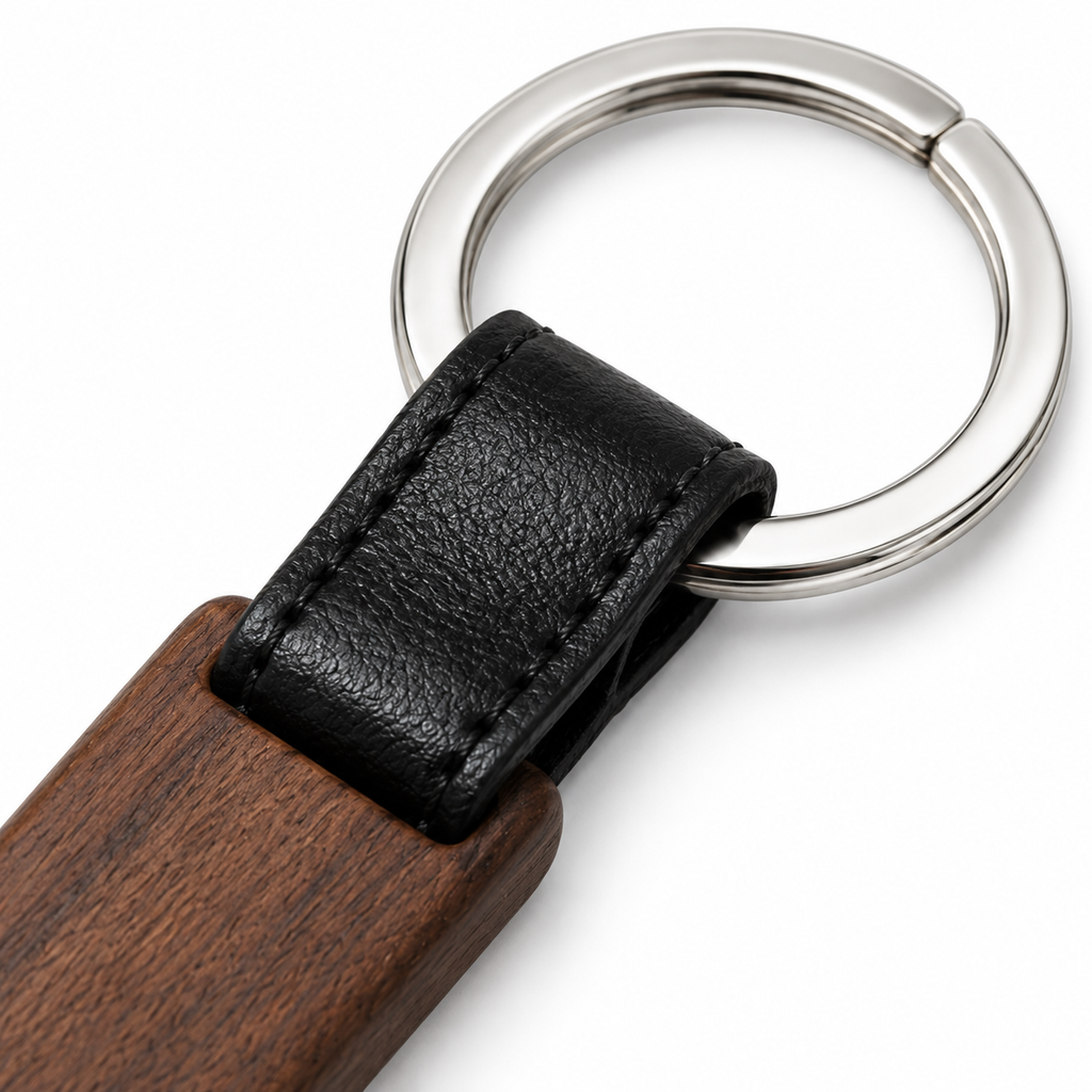 Compact wooden keychain with polished metal ring.