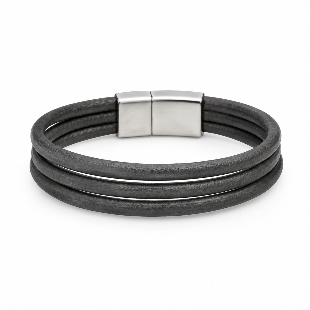 Black leather bracelet with stainless steel clasp.