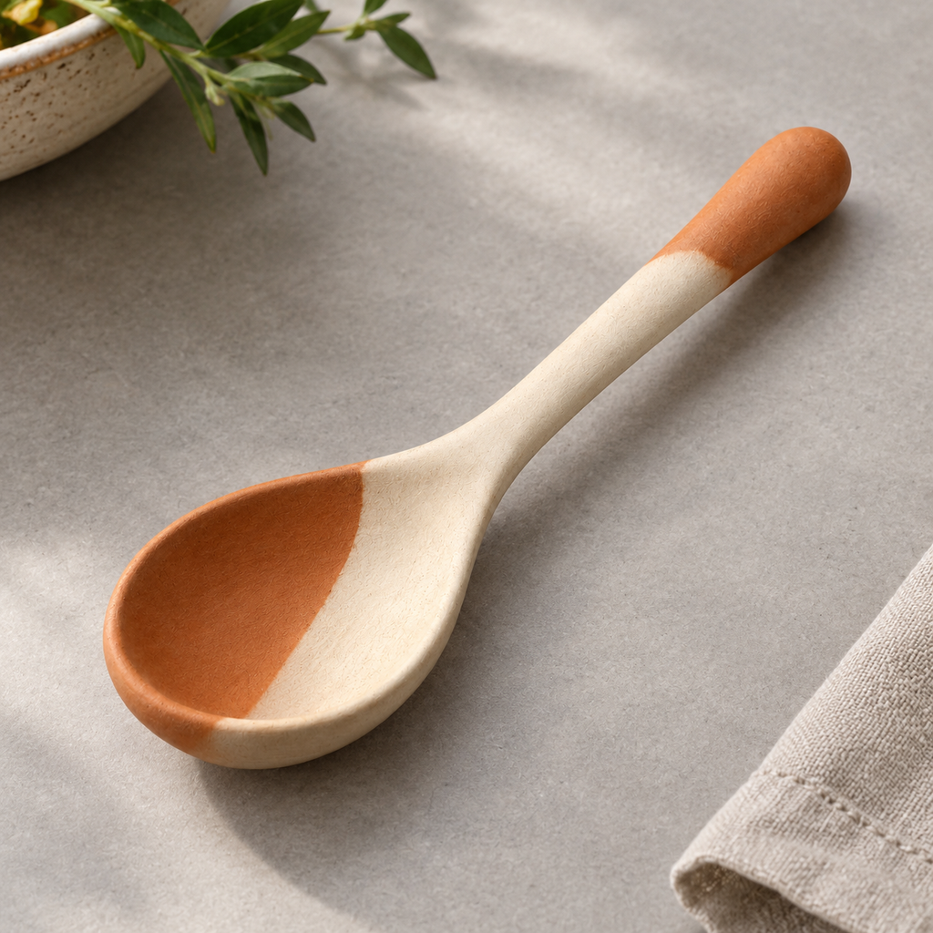Close-up of ceramic spoon showing natural clay and white colors.