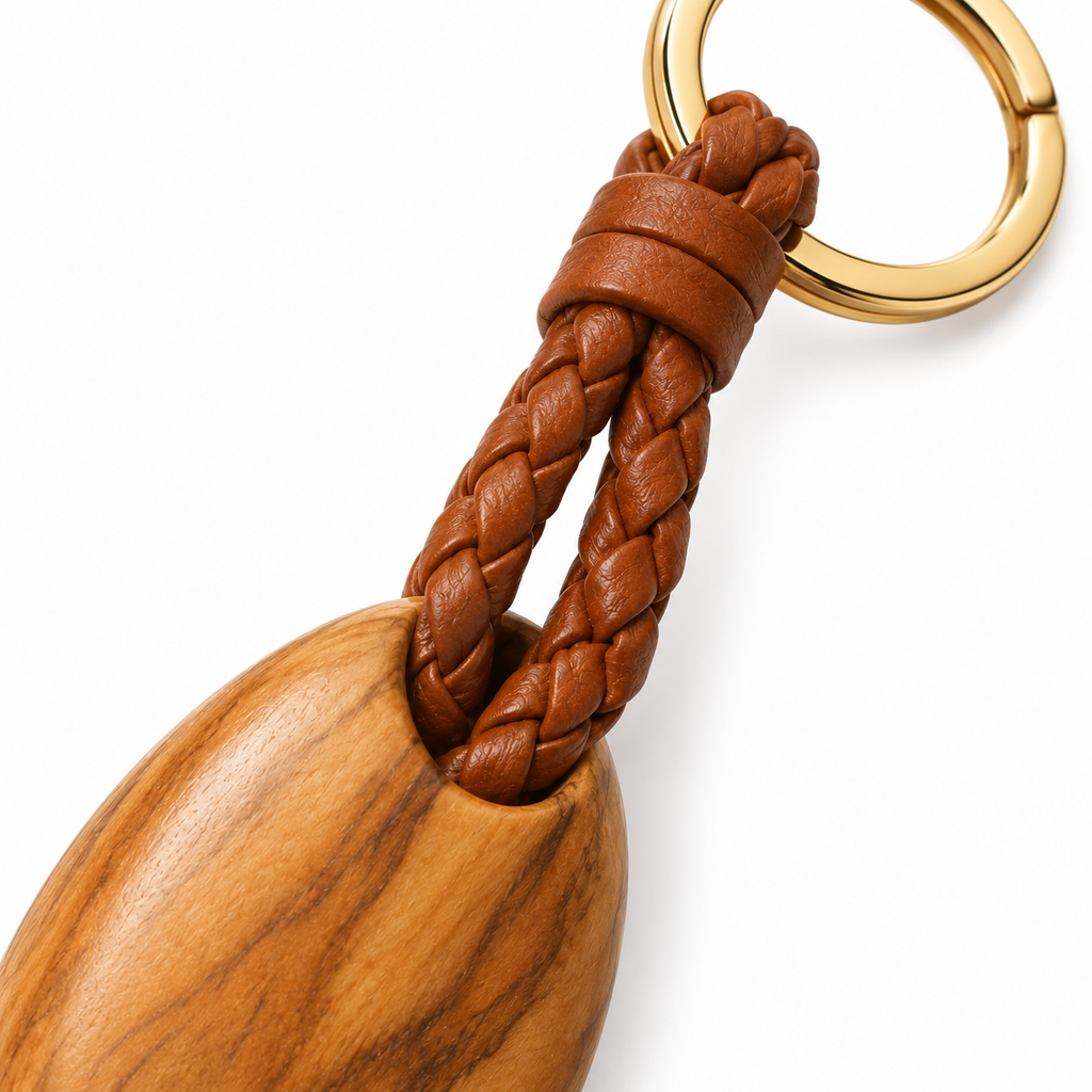 Gold-tone metal ring on wooden keychain.