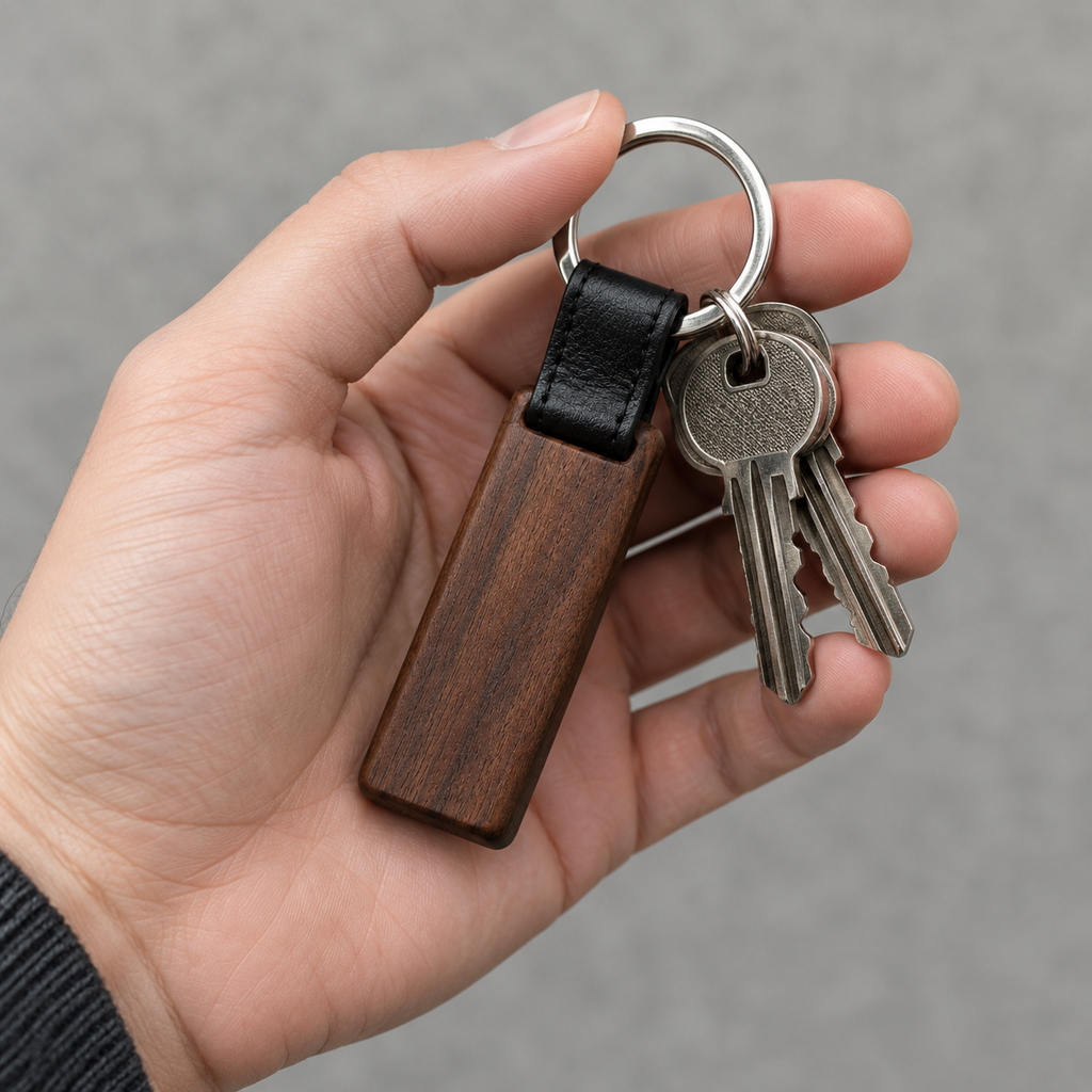 Side view of wooden keychain with black leather strap.