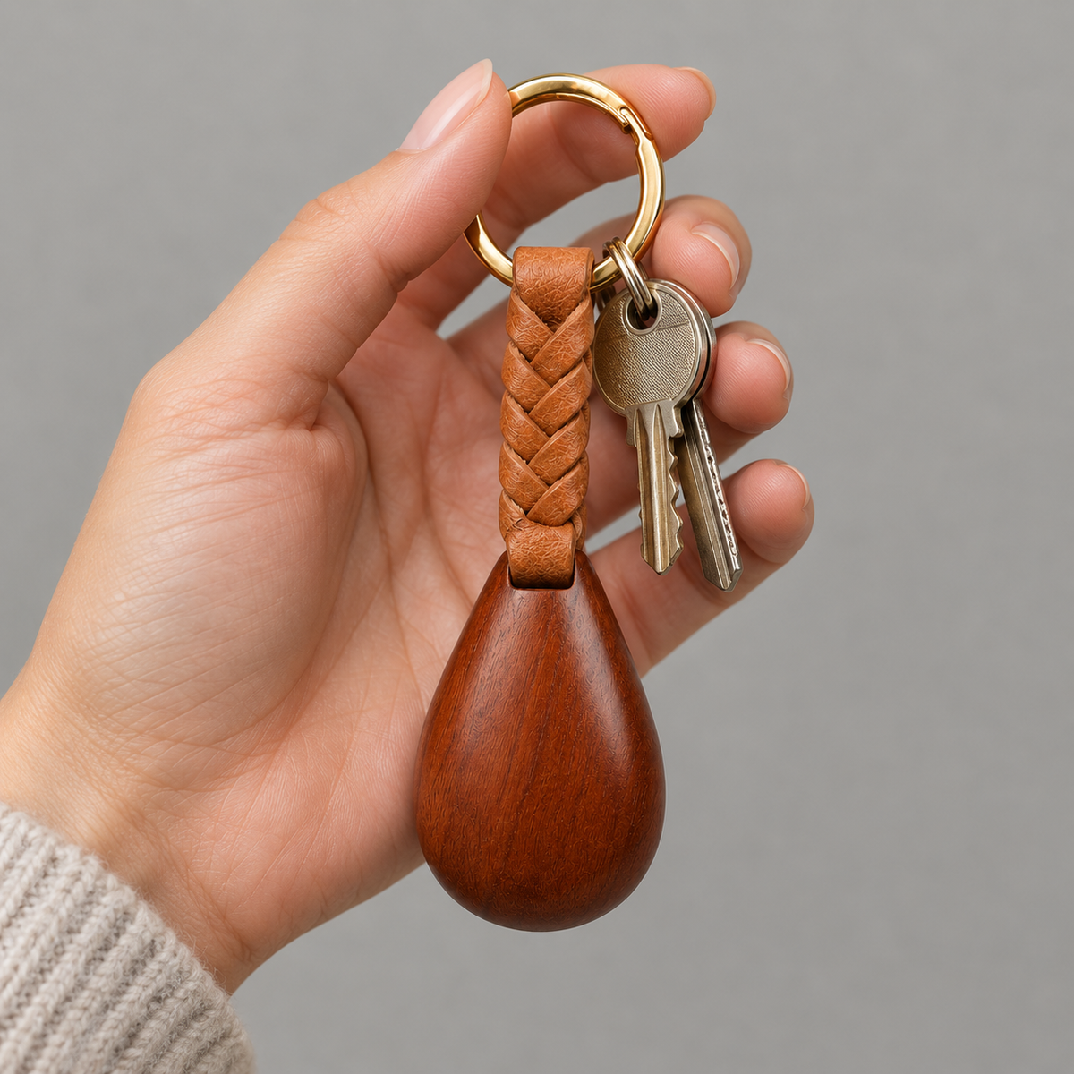 Close-up of wooden charm on keychain.