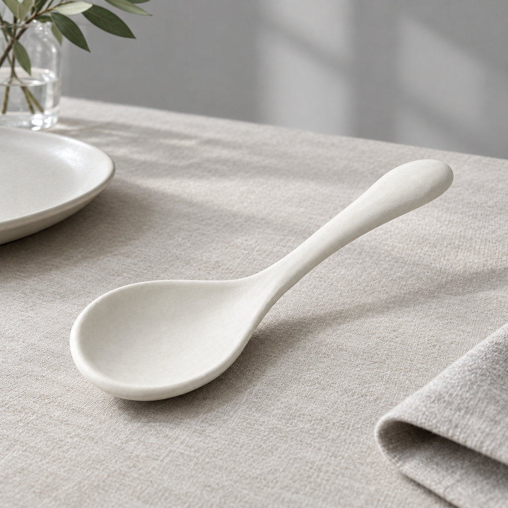 Side view of a white ceramic soup spoon