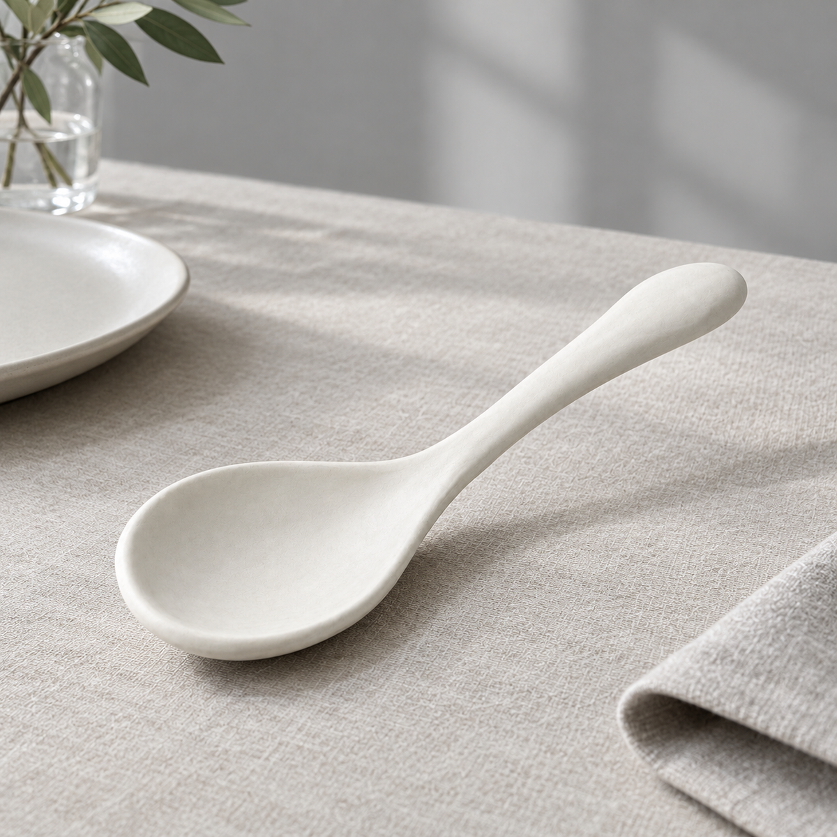 Side view of a white ceramic soup spoon
