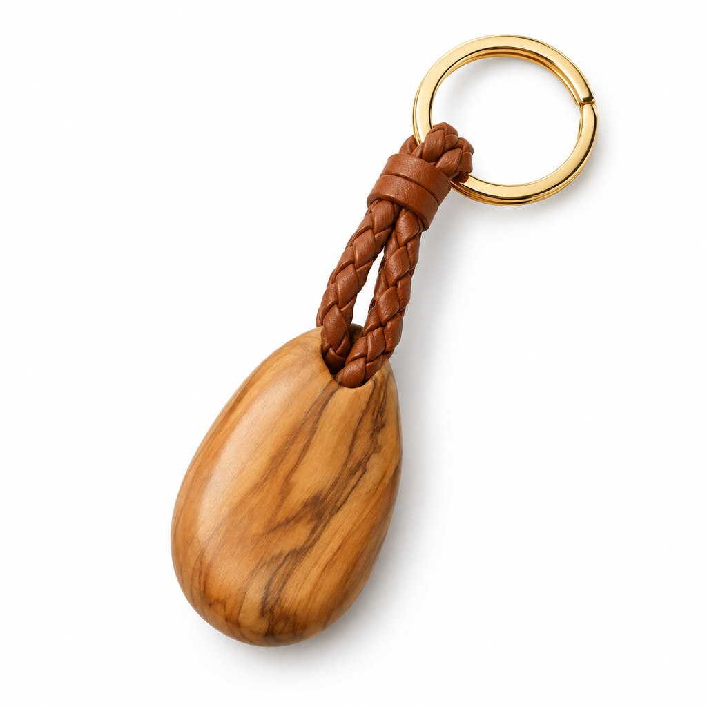 Wooden keychain with braided leather strap and gold ring.