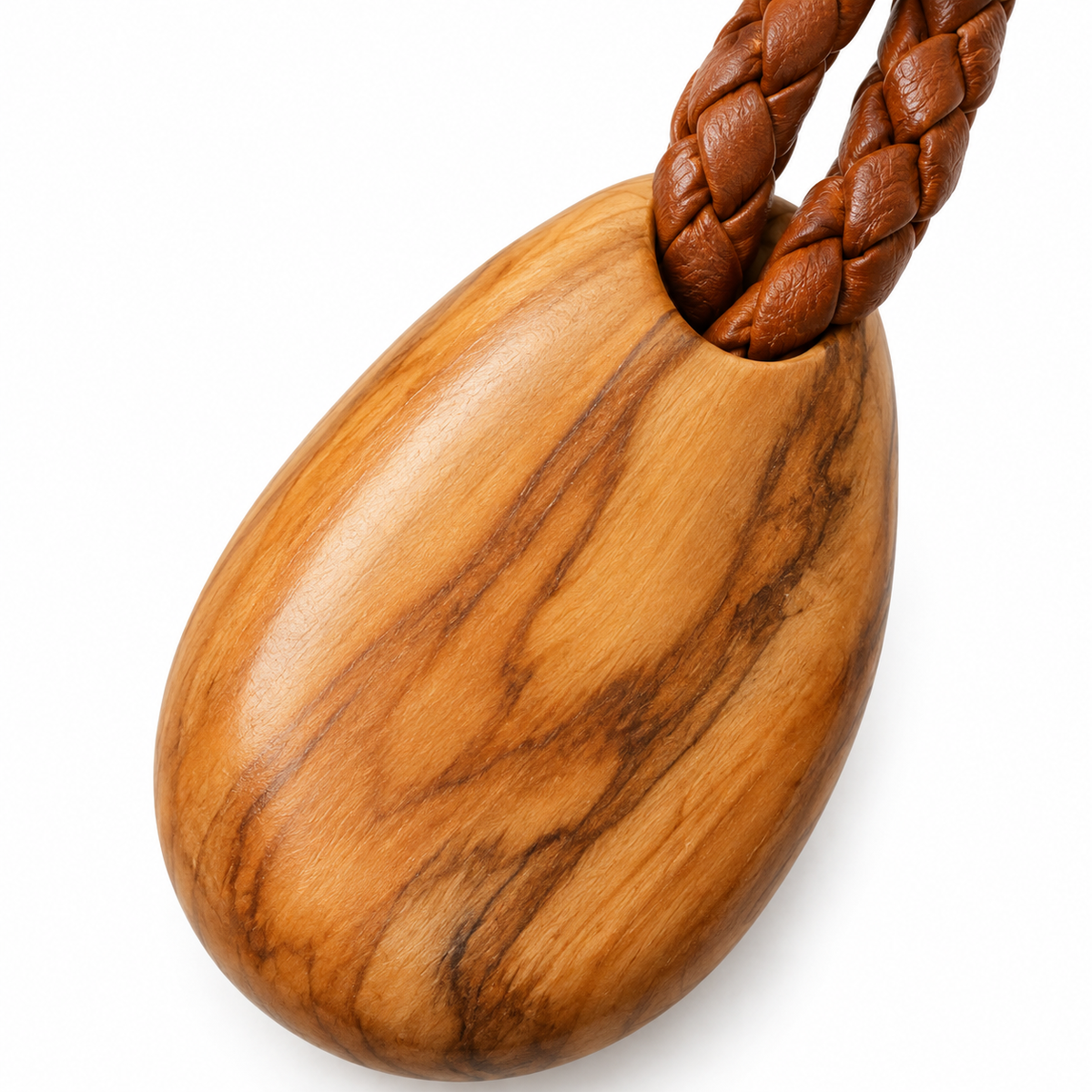 Wooden keychain with leather strap and gold ring.