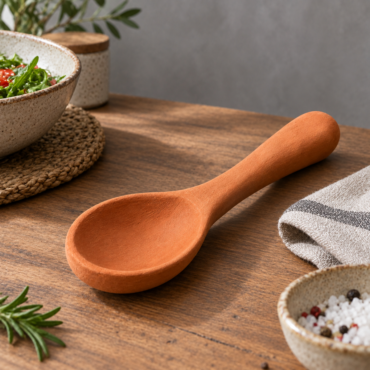 Close-up of terracotta spoon showing texture