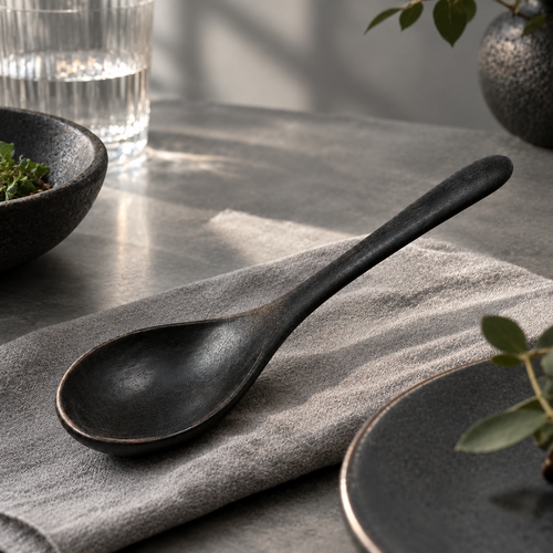 Elegant black wooden spoon for kitchen use.