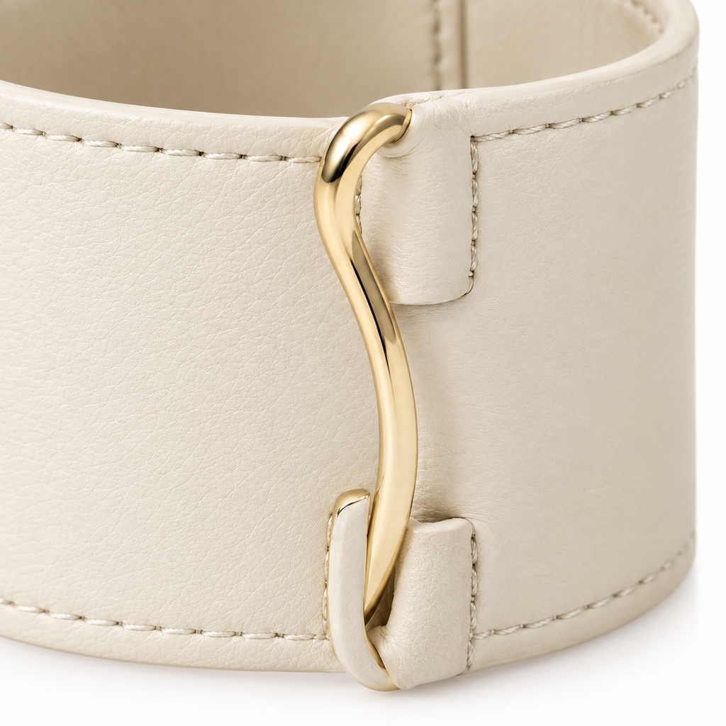 Detail of stitching on leather cuff bracelet.