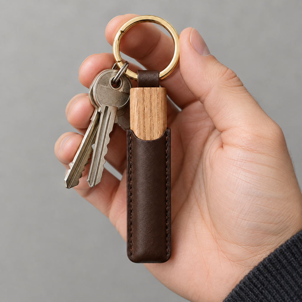 Close-up of the leather strap and wooden piece.