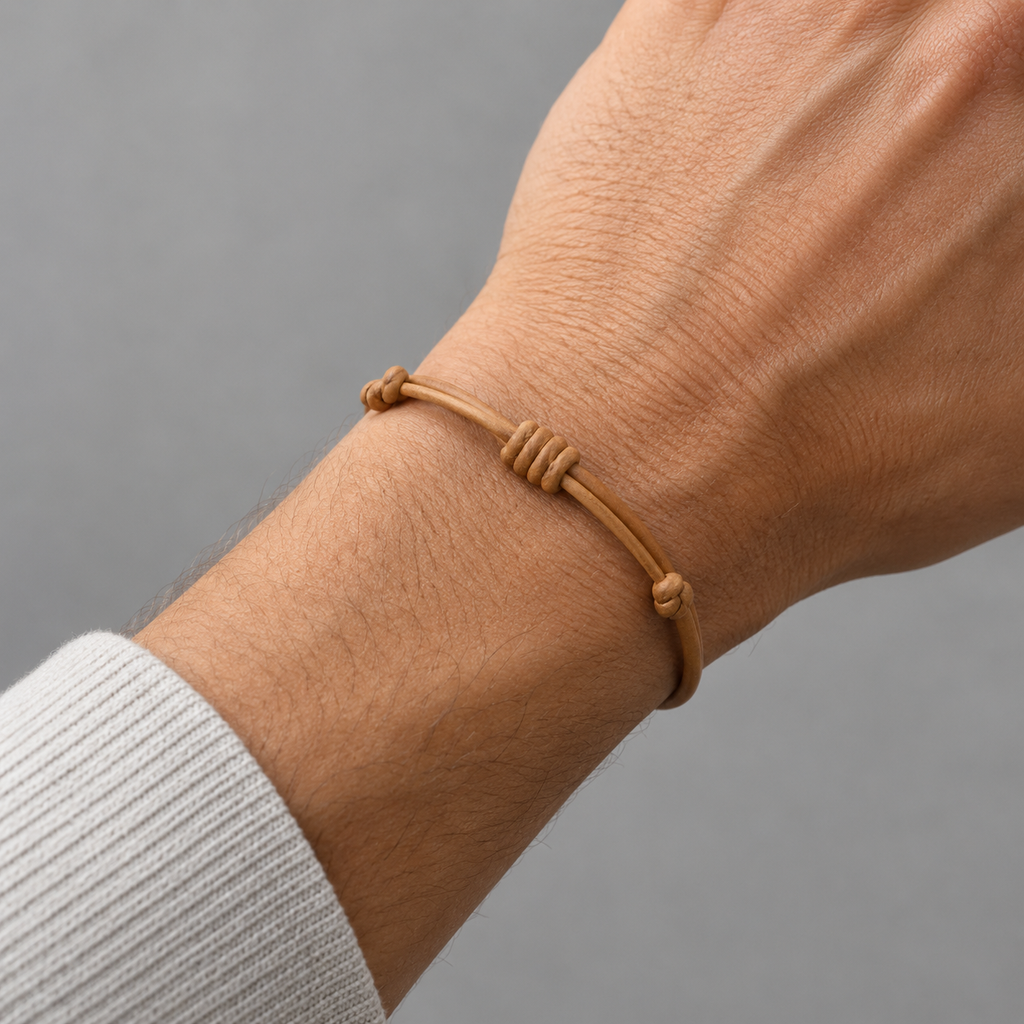 Close-up of leather knot on bracelet