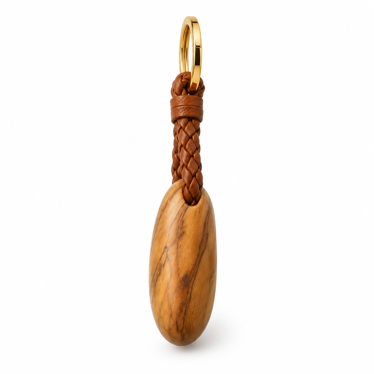 Braided leather strap detail on keychain.