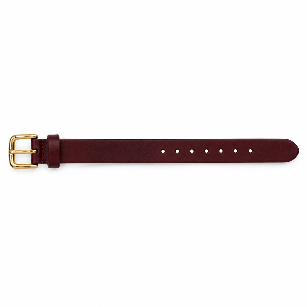 Adjustment holes along the burgundy leather band