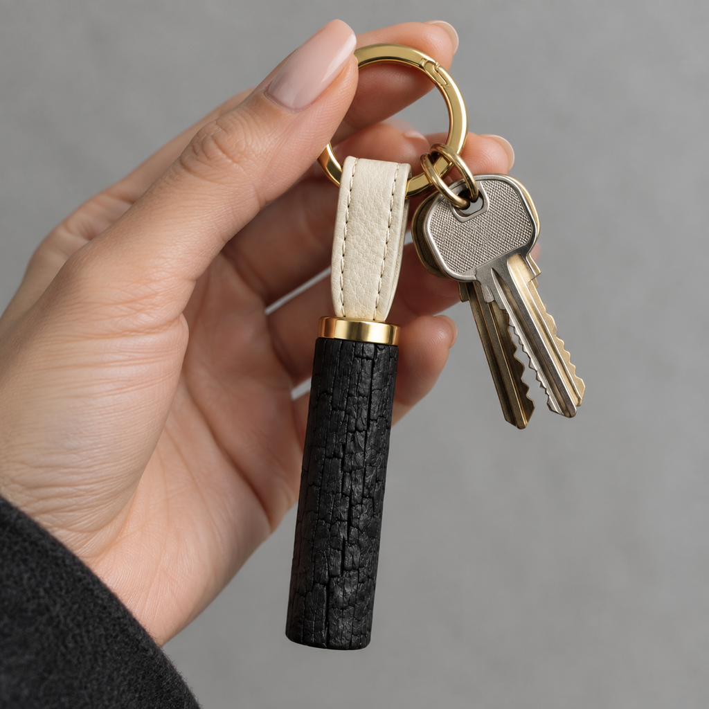Close-up of gold ring on charcoal keychain.