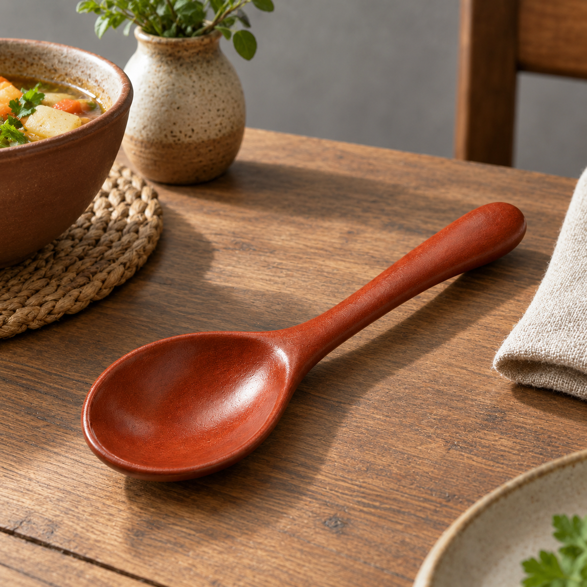 Close-up of brown wooden spoon for kitchen use.