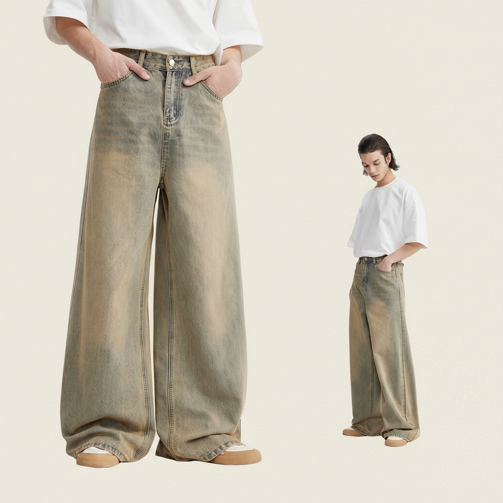 Men’s Vintage Yellow Stonewashed Wide Leg Jeans