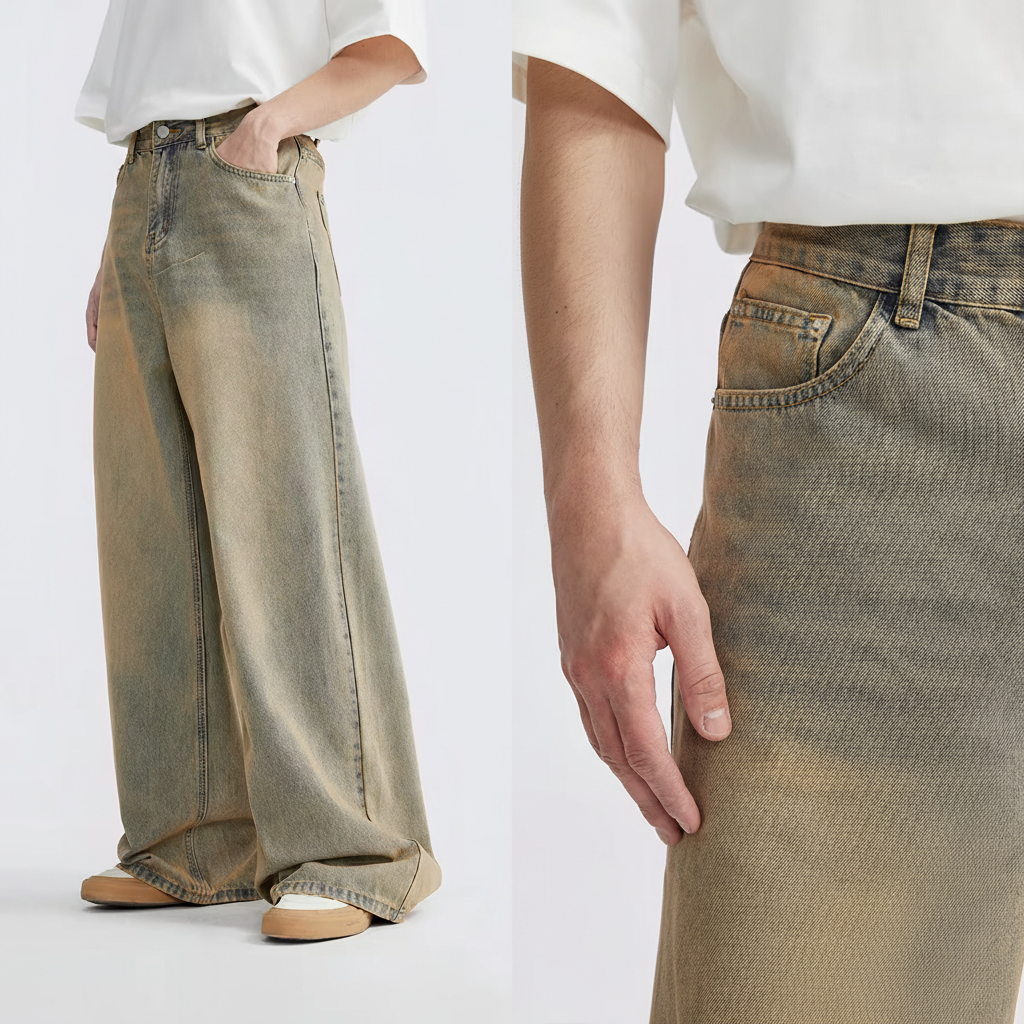 Men’s Vintage Yellow Stonewashed Wide Leg Jeans