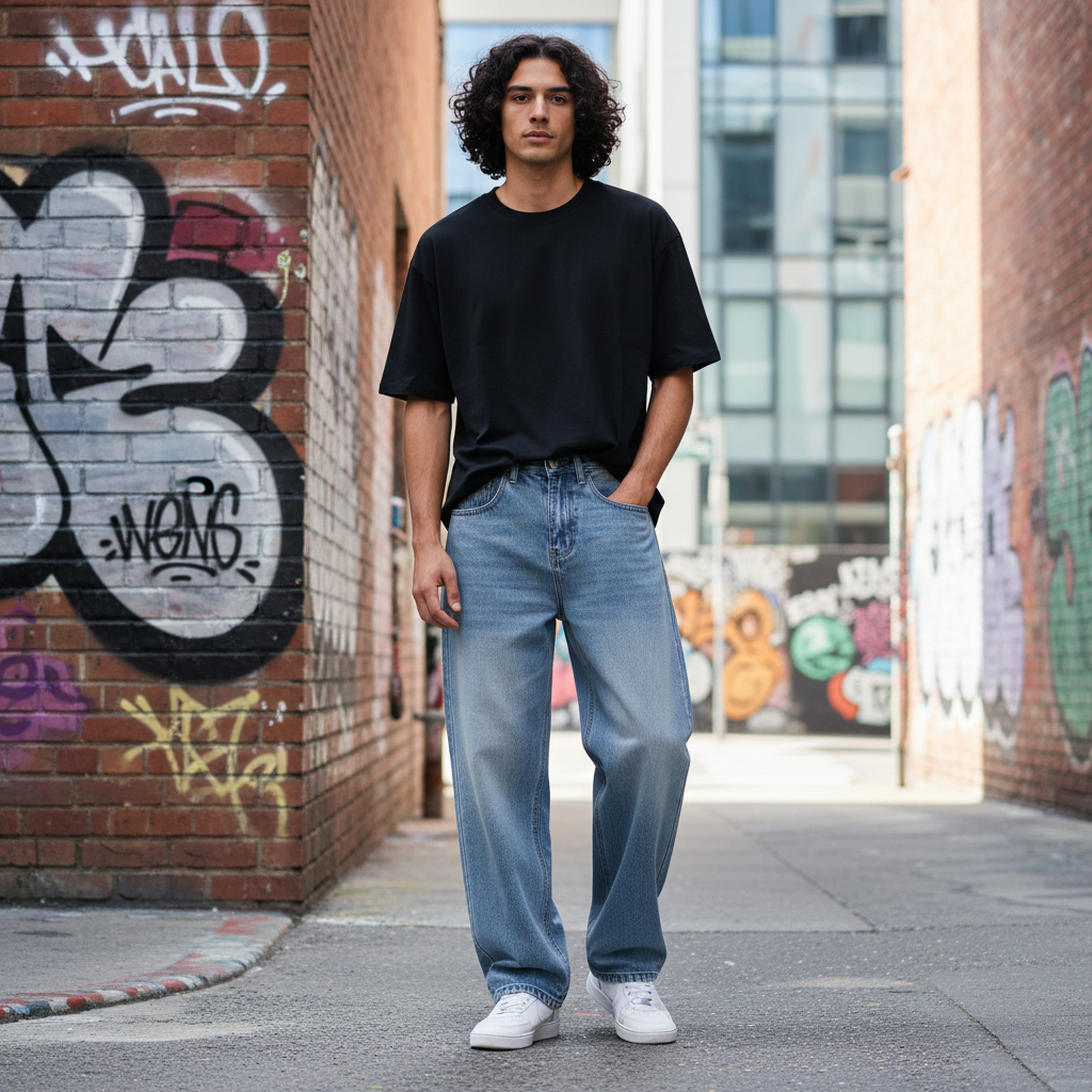 Men’s Water-Washed Blue Mid-Rise Jeans