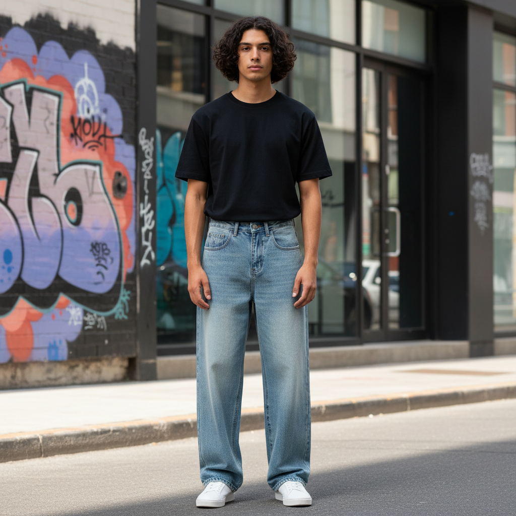 Men’s Water-Washed Blue Mid-Rise Jeans