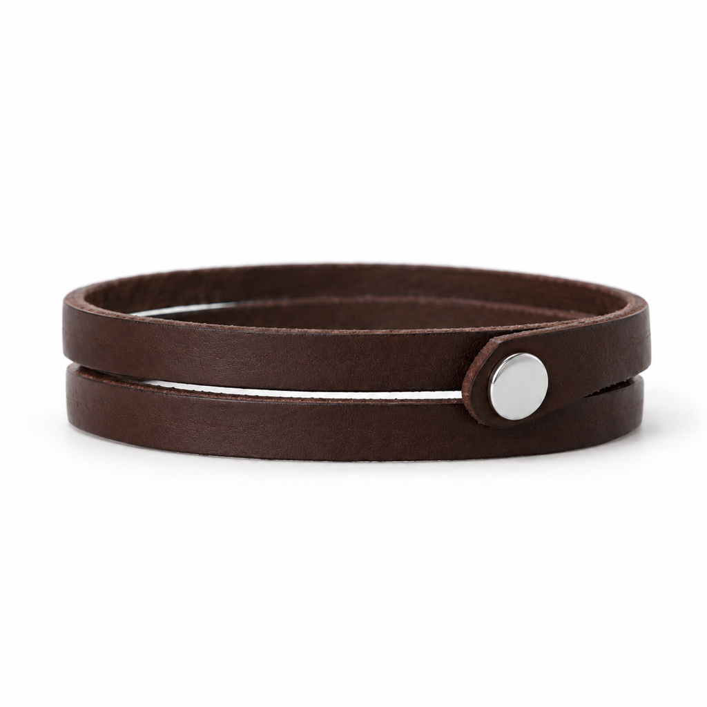 Side view of the brown leather wrap bracelet.