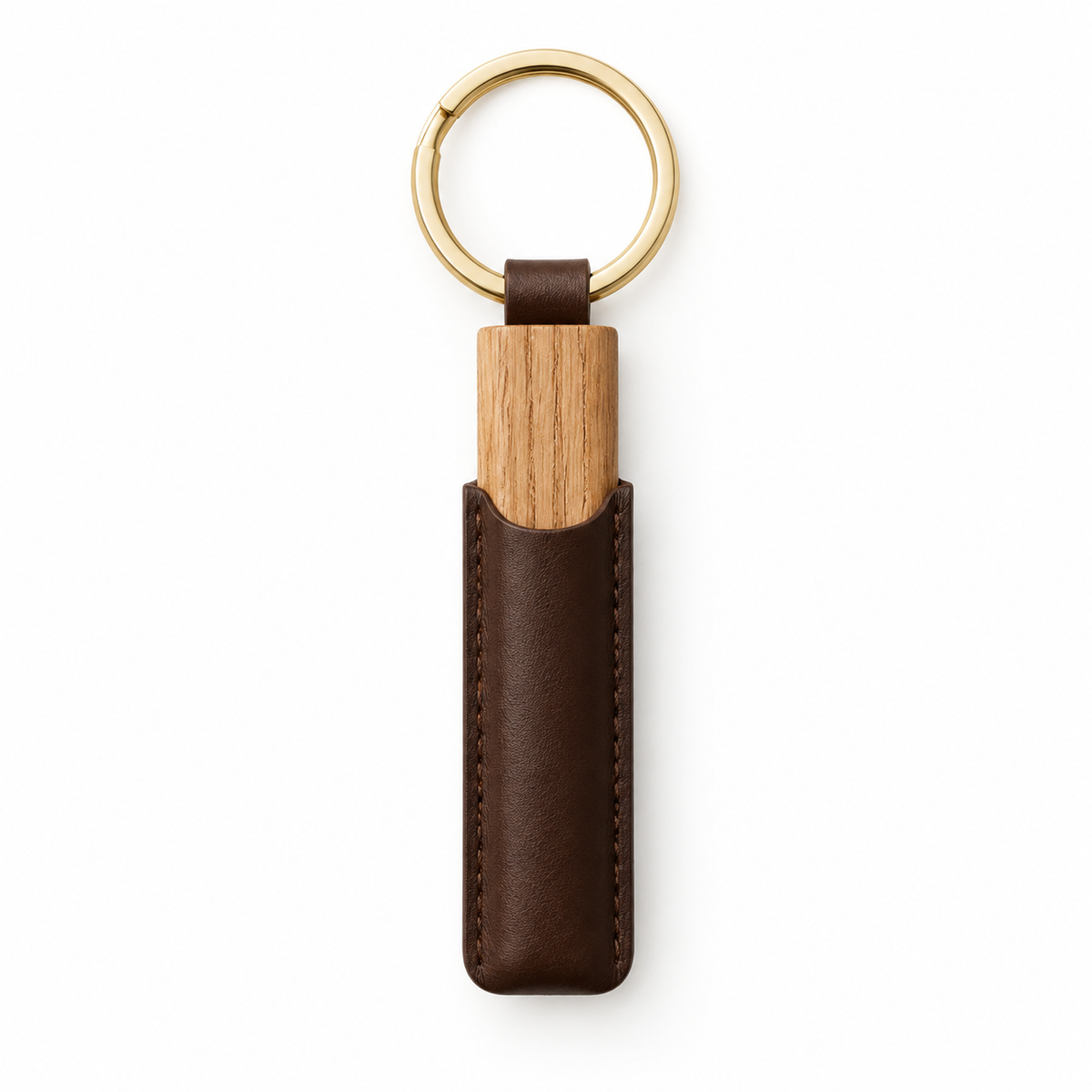 Front view of vensioshop leather and wood keychain.