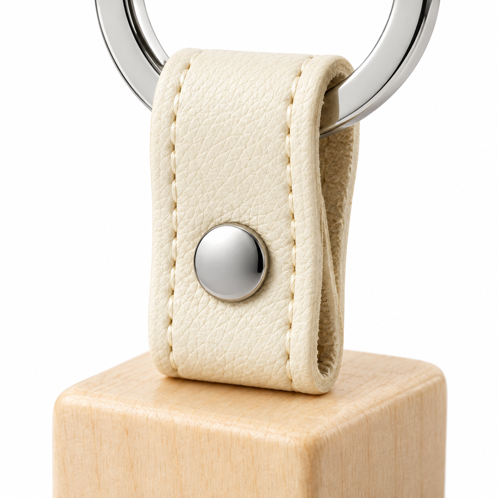 Top view of the keychain highlighting the wooden cube.