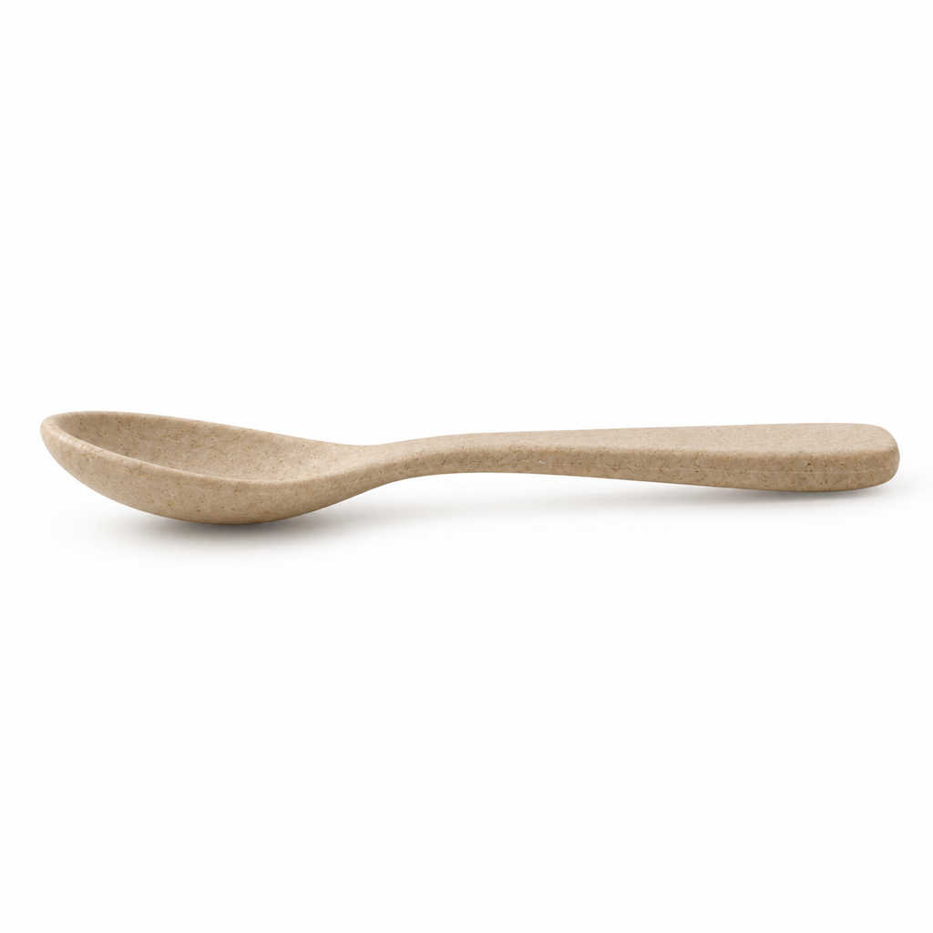 Natural beige kitchen spoon with ergonomic handle.