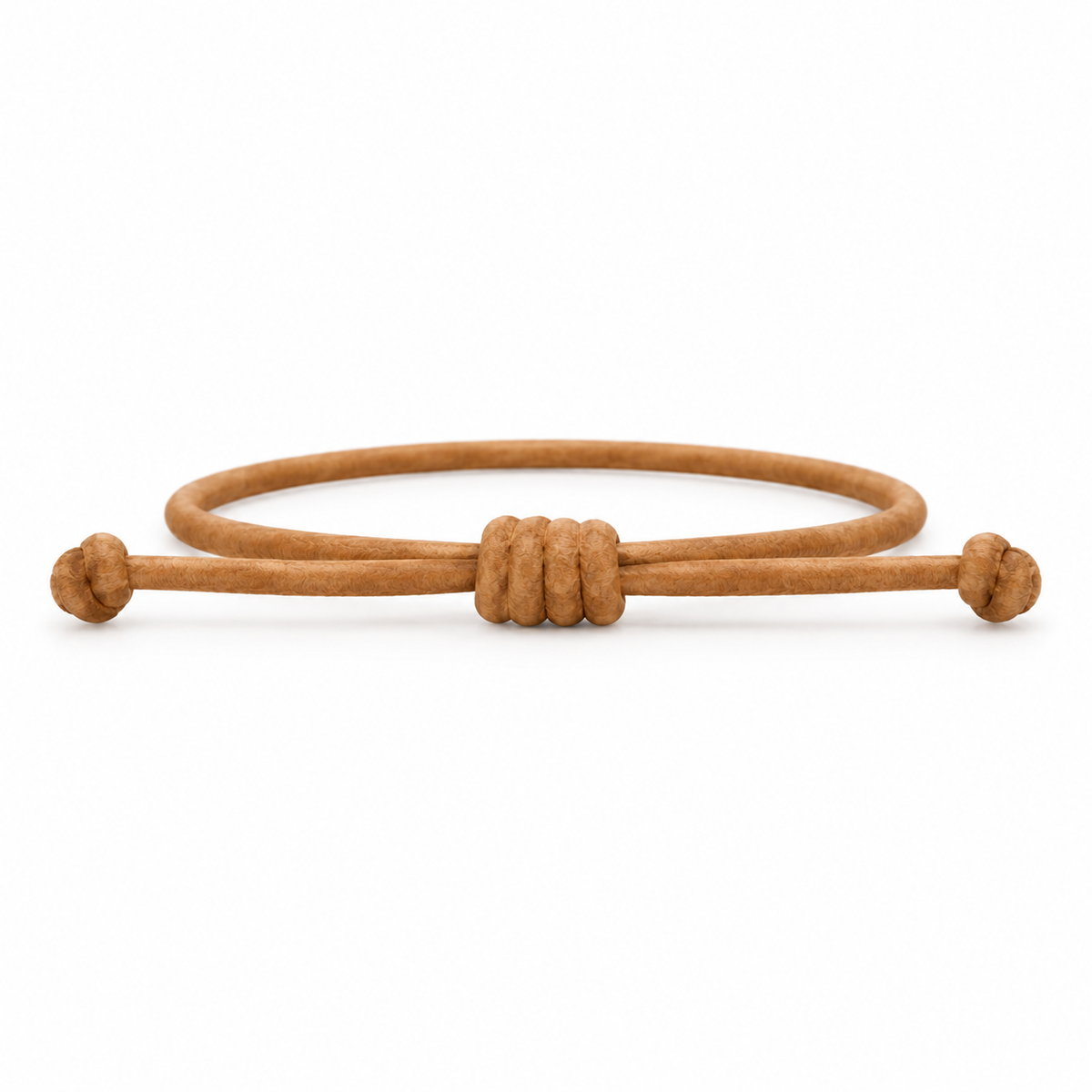 Side view of tan leather bracelet with knot