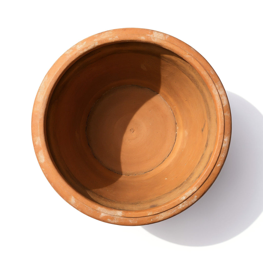 Large Rustic Italian-Style Terracotta Planter — top-down view into the empty planter, showing the interior.