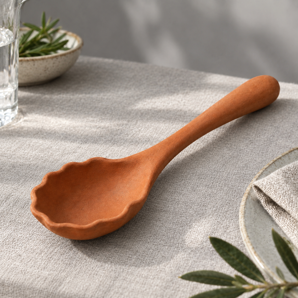 Side view of the terracotta spoon showing handle and bowl