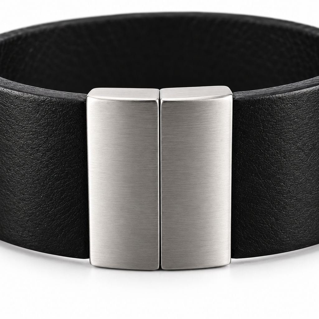 Sleek black leather bracelet for men.