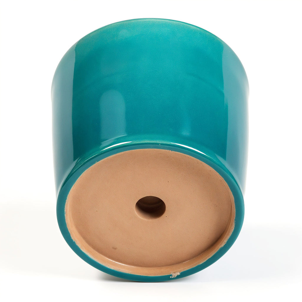 Vensioshop Teal Glossy Ceramic Planter — bottom view showing the base and logo placement