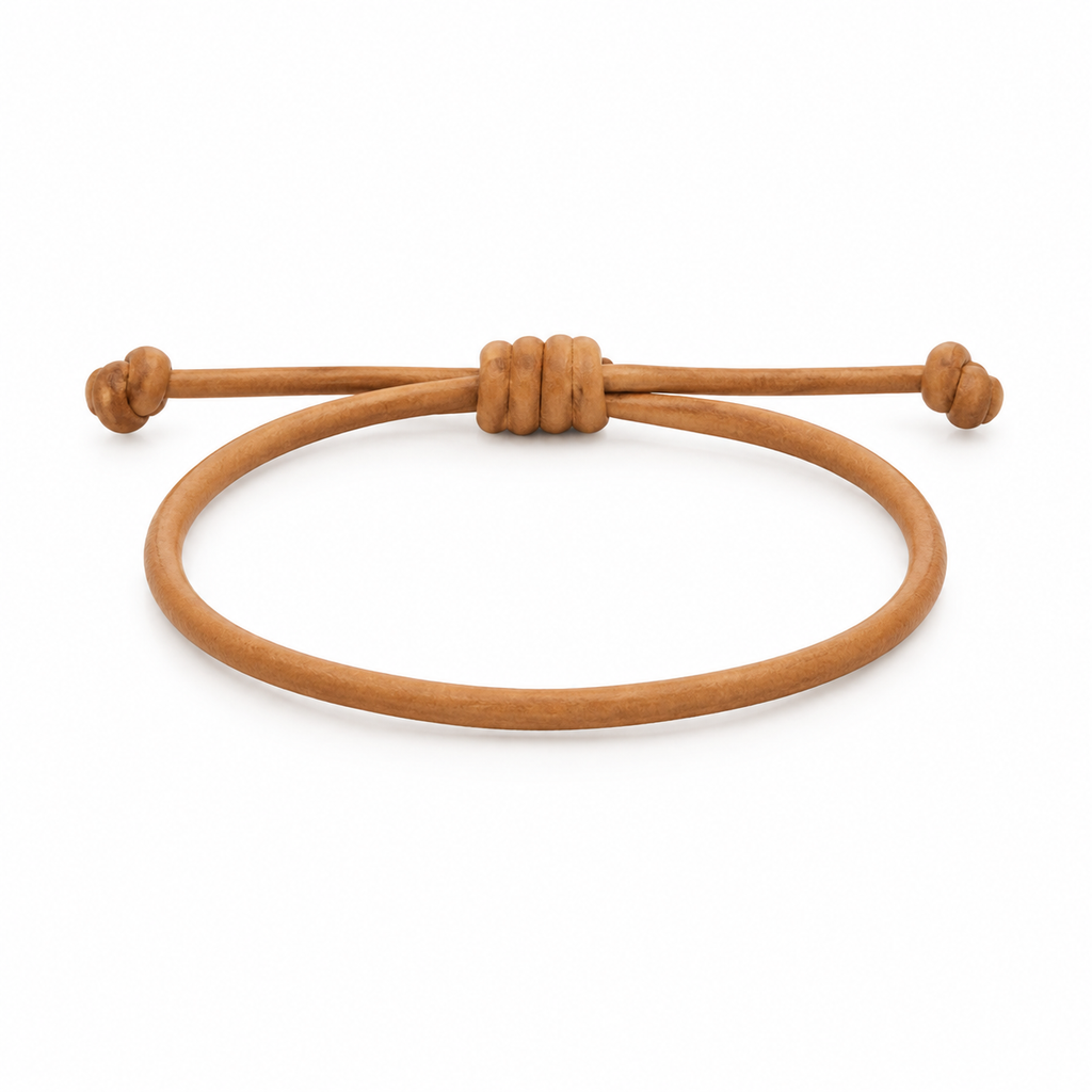 Tan leather adjustable knot bracelet front view