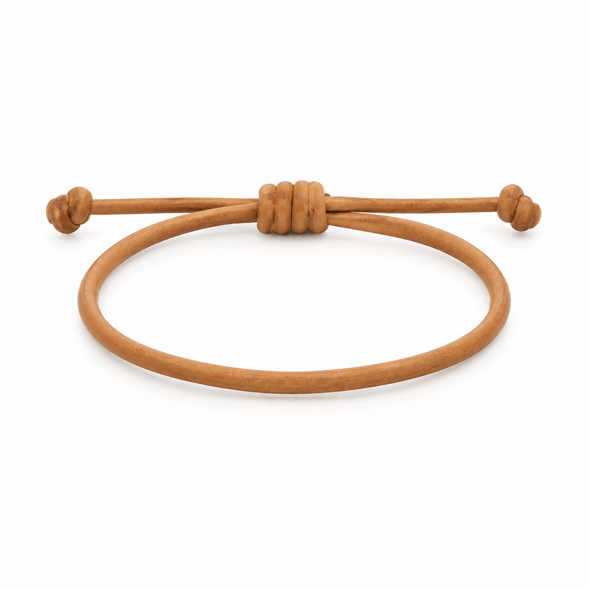 Tan leather adjustable knot bracelet front view