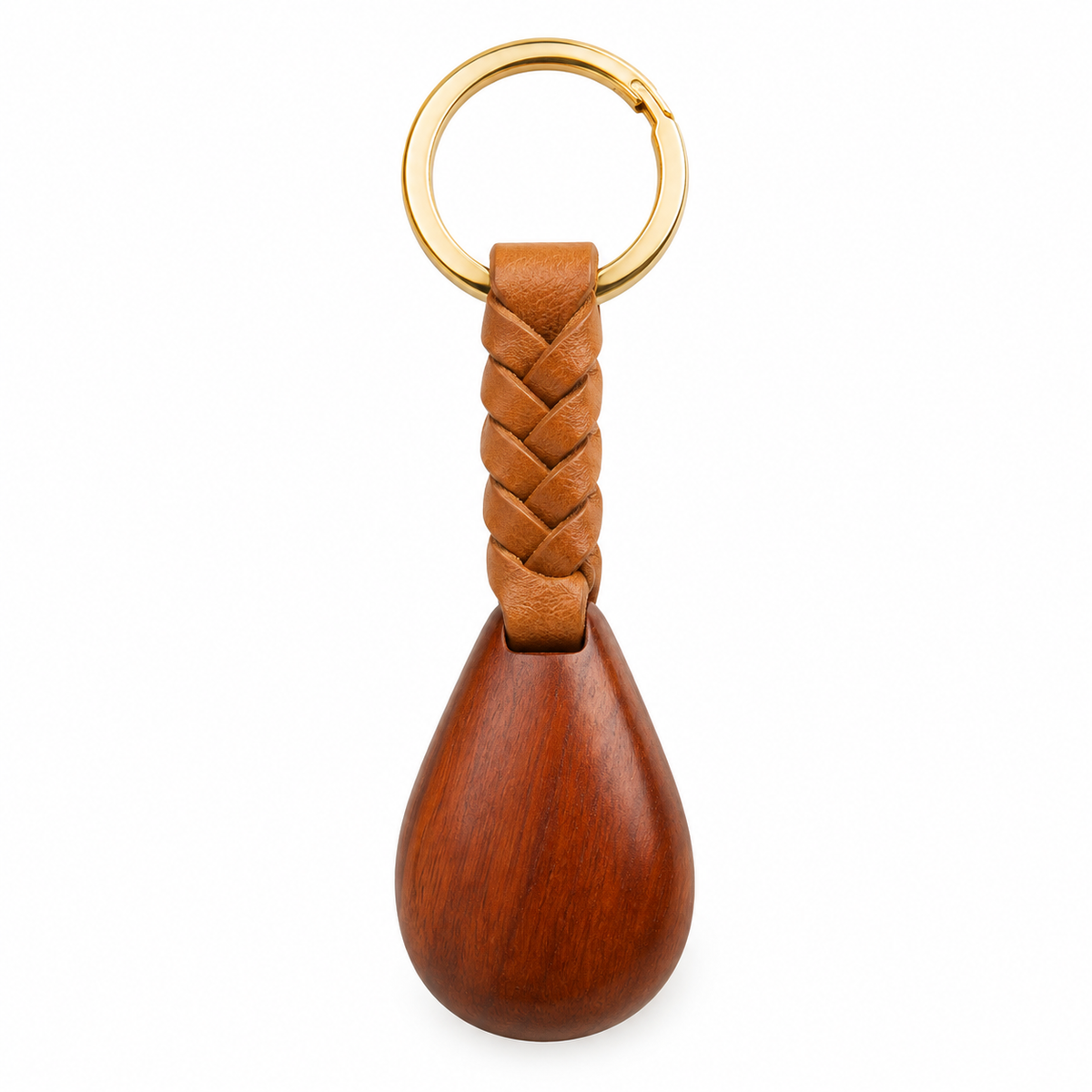 Wooden keychain with braided leather strap and gold ring.