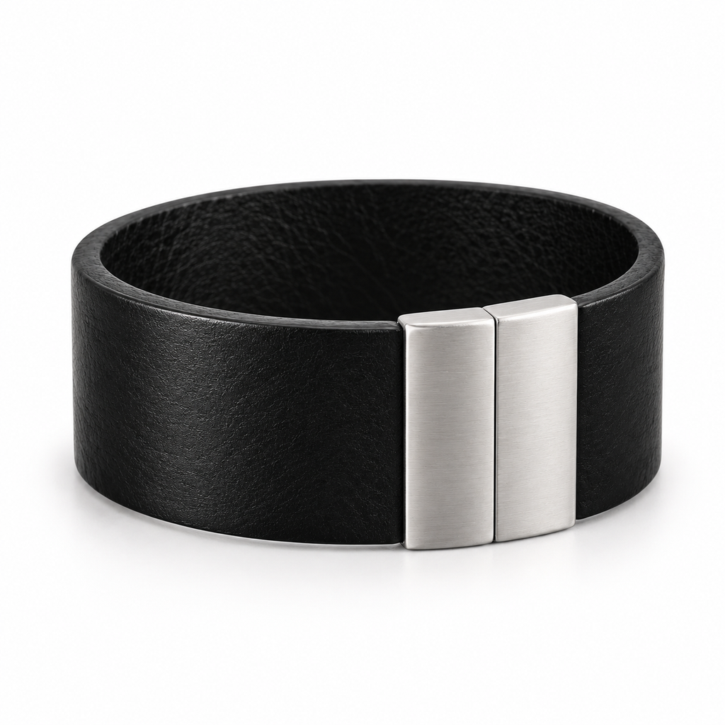Close-up of stainless steel clasp on bracelet.