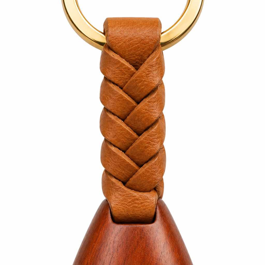 Gold metal ring on wooden keychain.