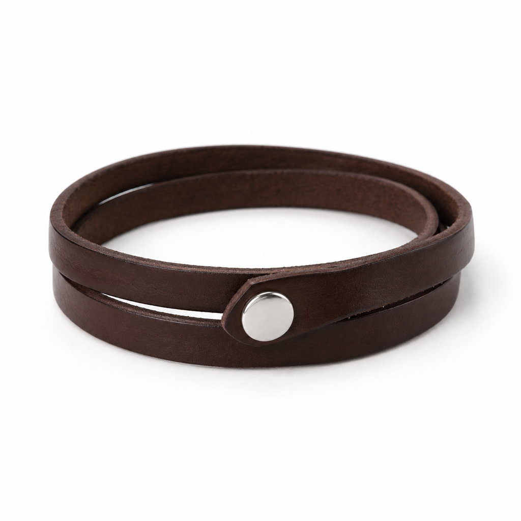 Brown leather wrap bracelet with snap closure.