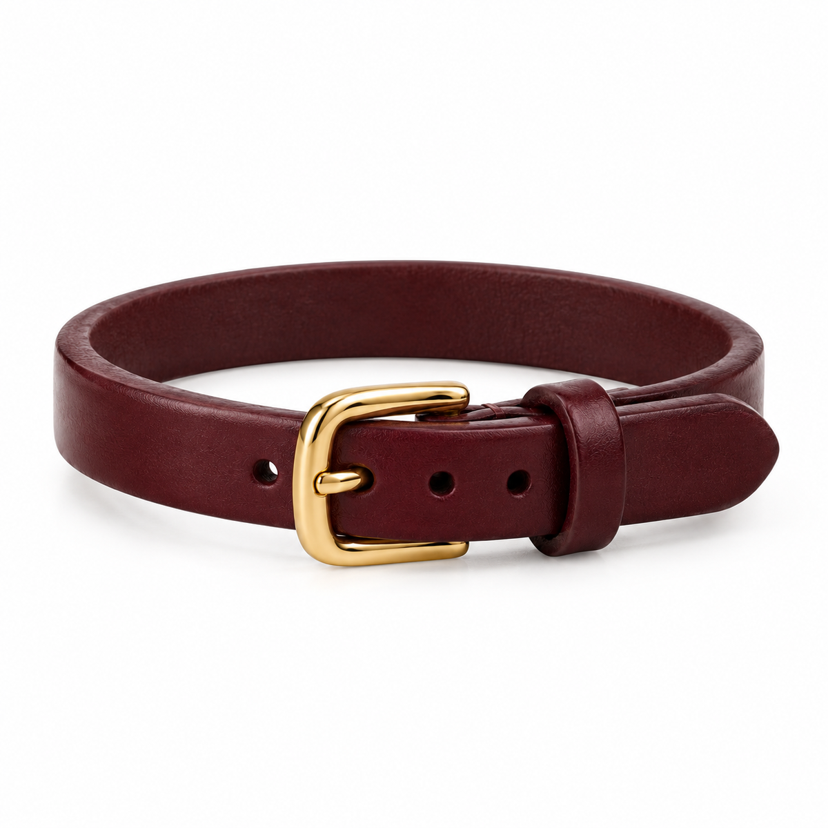 Burgundy leather bracelet worn on the wrist